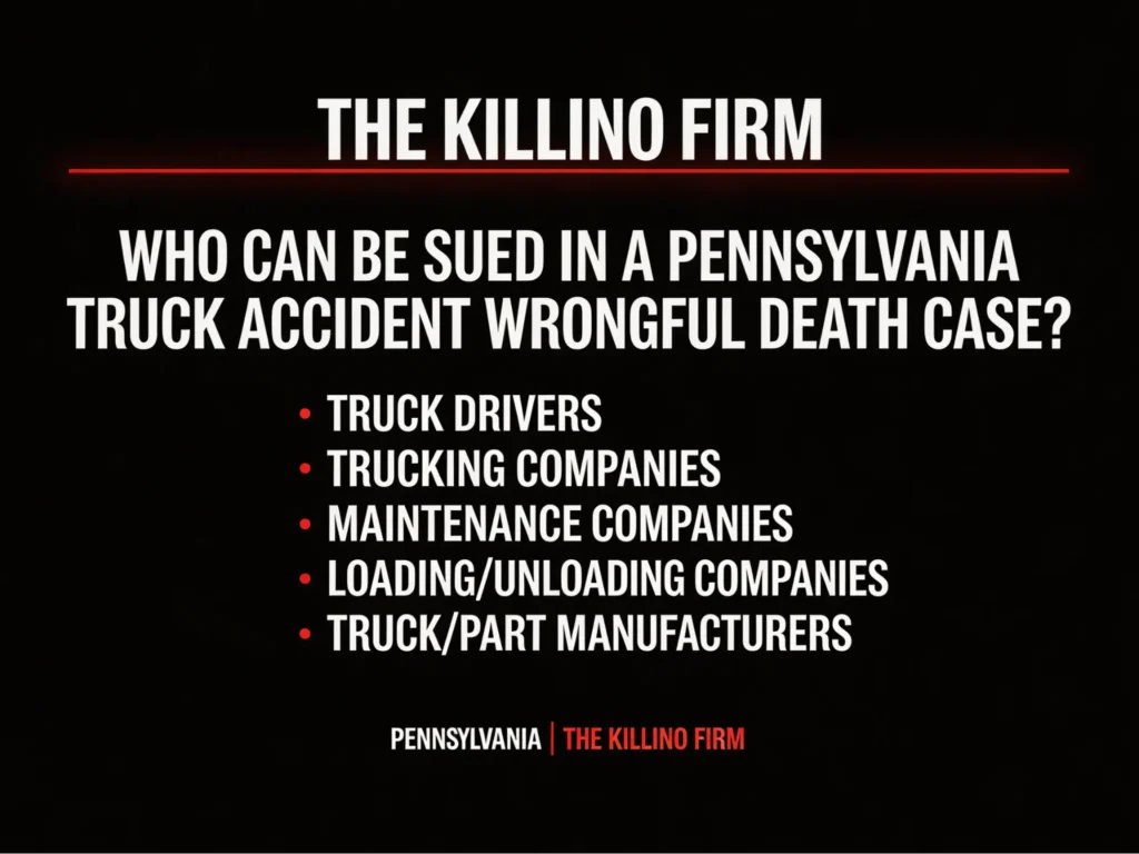 an infographic by Killino Firm on who can be sued in a Pennsylvania Truck Accident