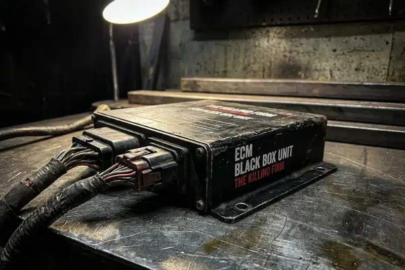 Close-up of a commercial truck ECM black box unit with wiring harnesses, key evidence in a Philadelphia truck accident case.