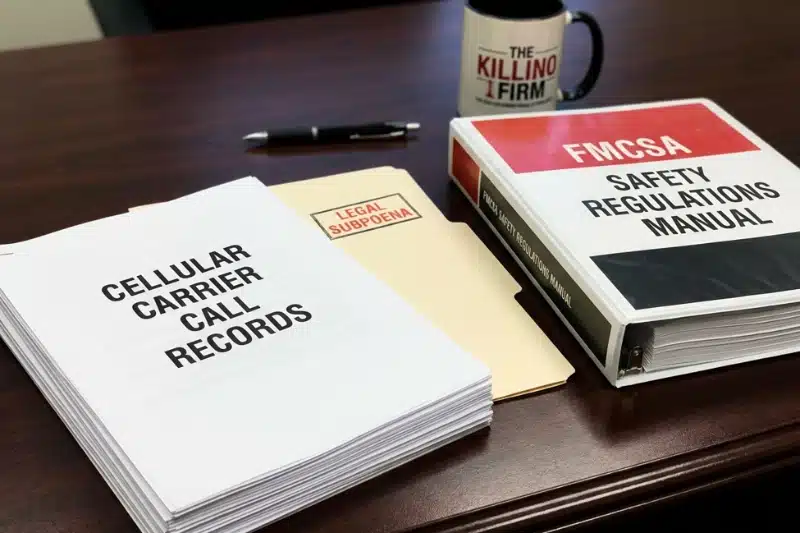 Detailed cellular carrier call records and a legal subpoena resting alongside an official FMCSA safety regulations manual on a desk.