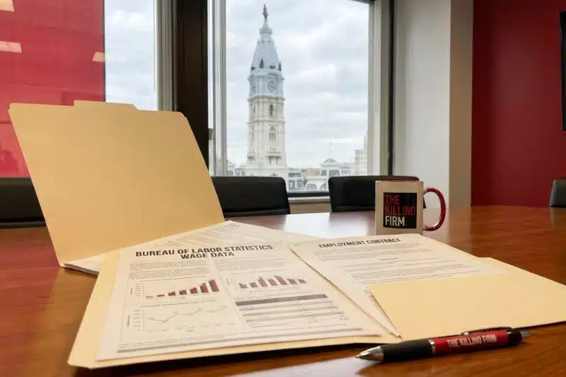 A forensic economist analyzing a spreadsheet of Philadelphia labor statistics next to financial documents on a legal desk.