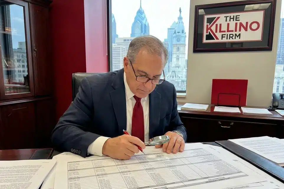 An elite Philadelphia civil trial lawyer reviewing a complex financial spreadsheet detailing the division of a wrongful death settlement among beneficiaries in a Center City law office.